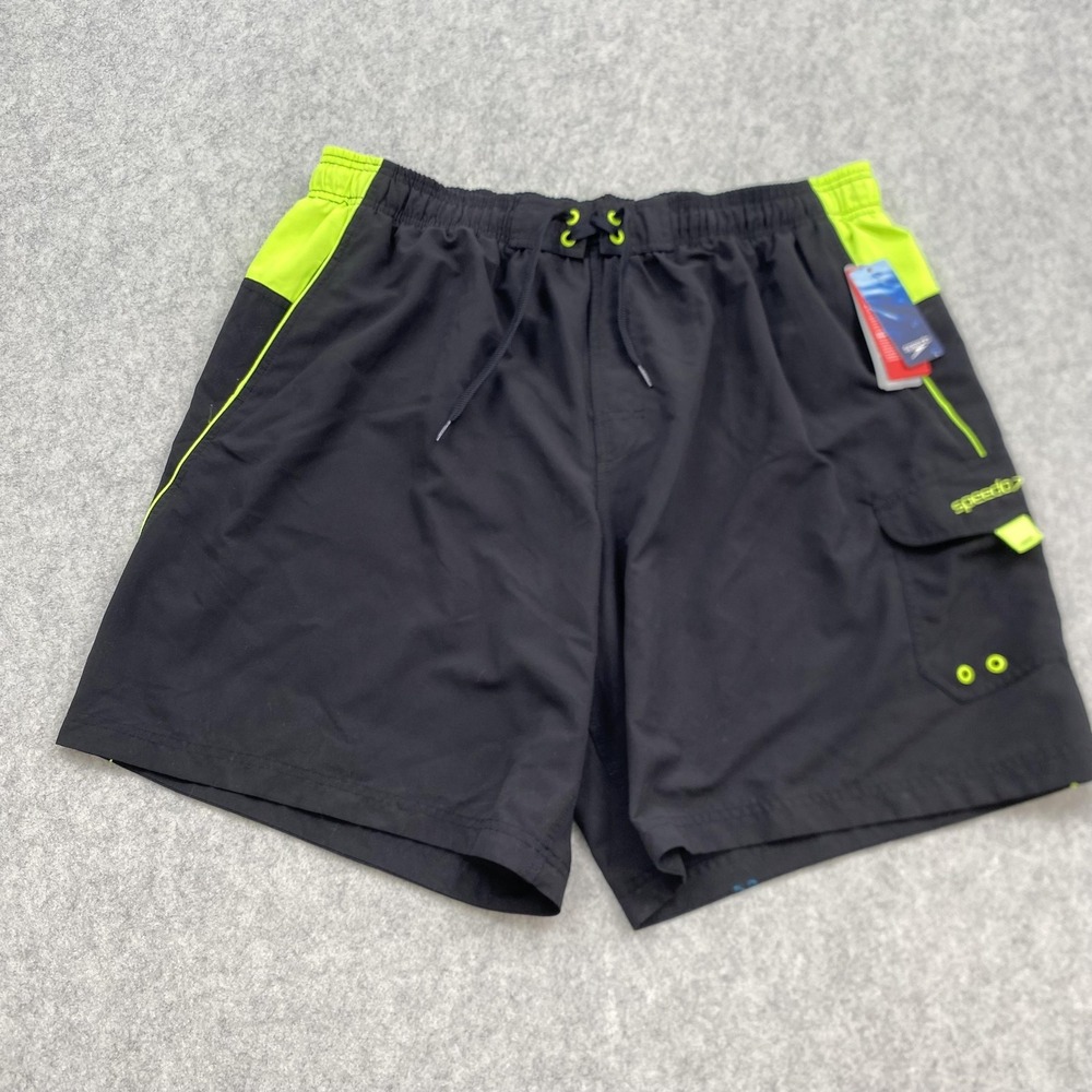 Speedo Swim Trunks Mens 2XL Black Neon Green Mesh Lined Drawstring Shorts